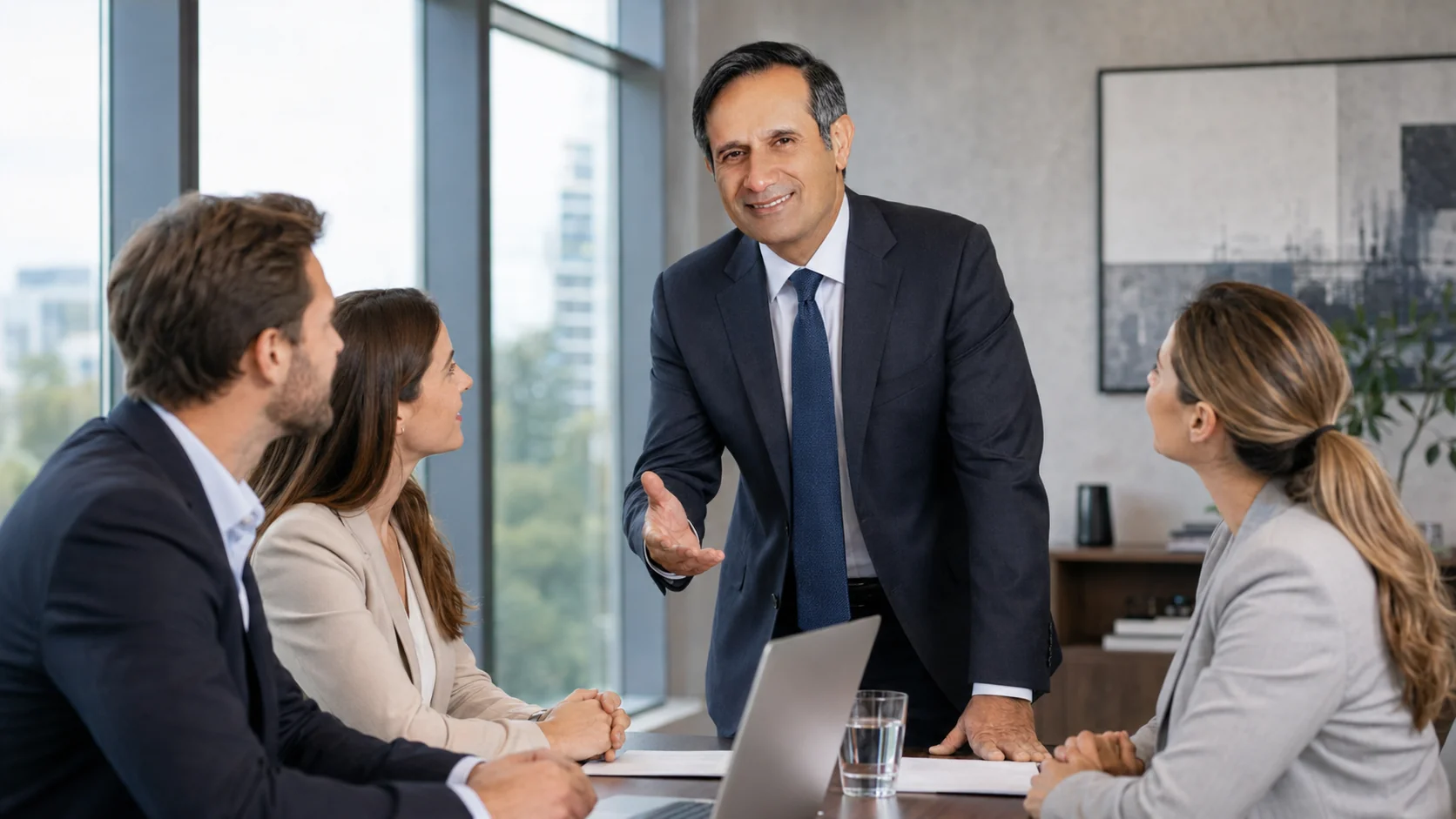 Sam Behroozian leading a financial planning discussion with clients in a modern Vancouver office