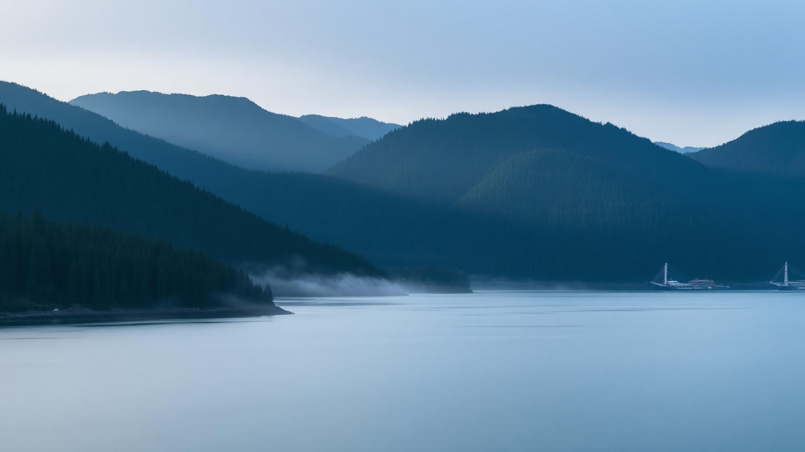 Forested North Shore mountains meeting the calm water of the inlet near North Vancouver